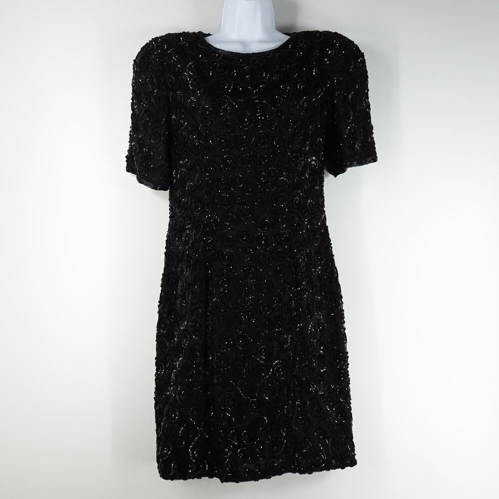 Niteline Vtg Women's Dress 4 Black Sequin Silk Mini Cocktail Occasion Glam 80s